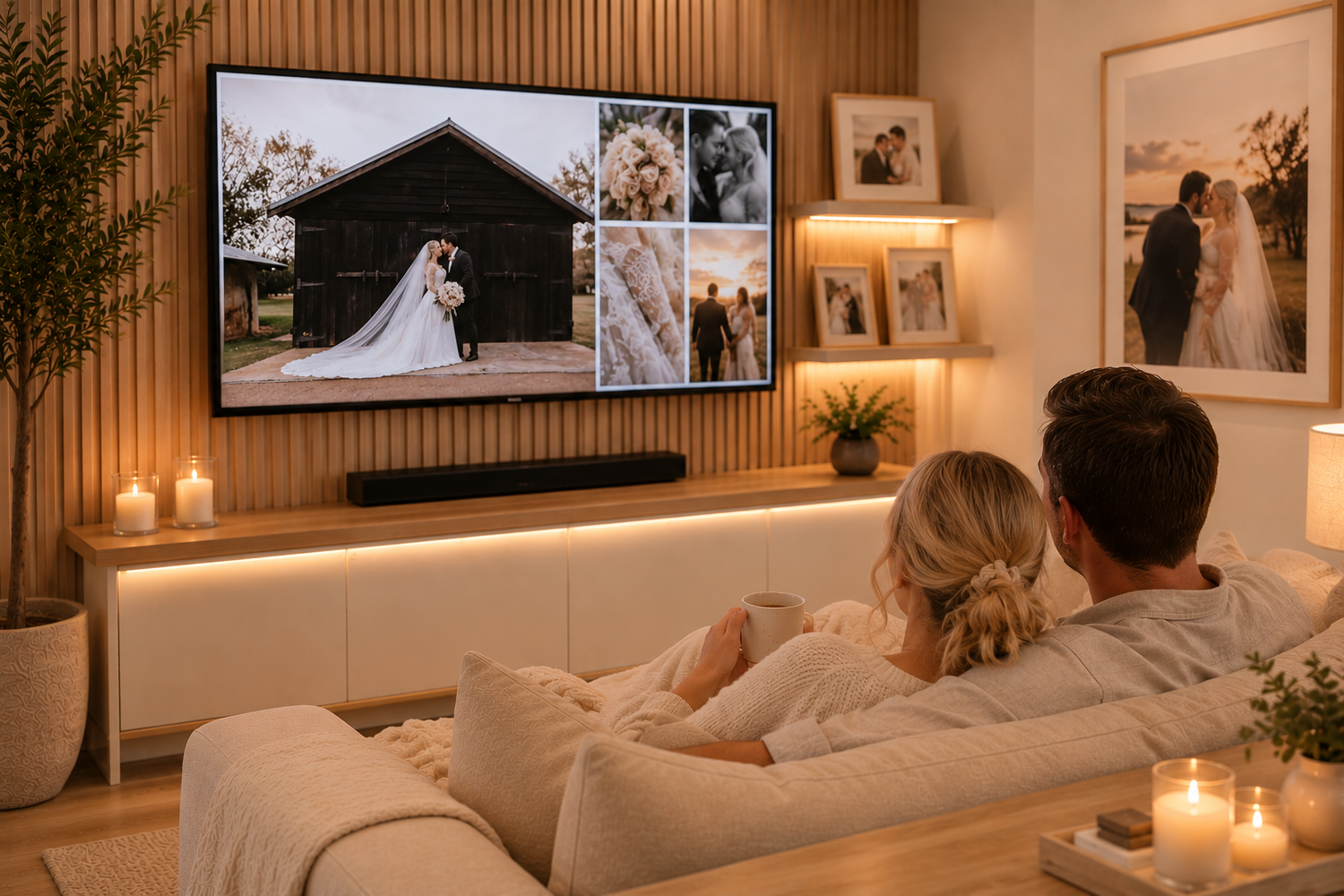 Couple snuggles on a cozy white sofa watching a wall-mounted TV that displays wedding photos, with candles and warm shelf lighting nearby.