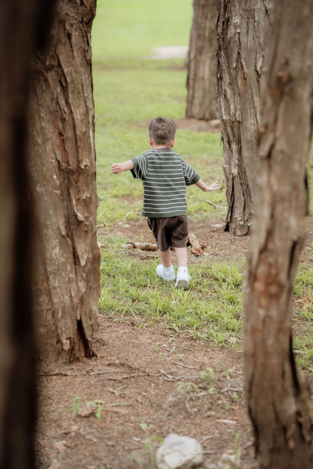 Toddler in a green striped shirt and brown shorts walks away across a grassy park, framed by rough tree trunks in Beaumont Hills.