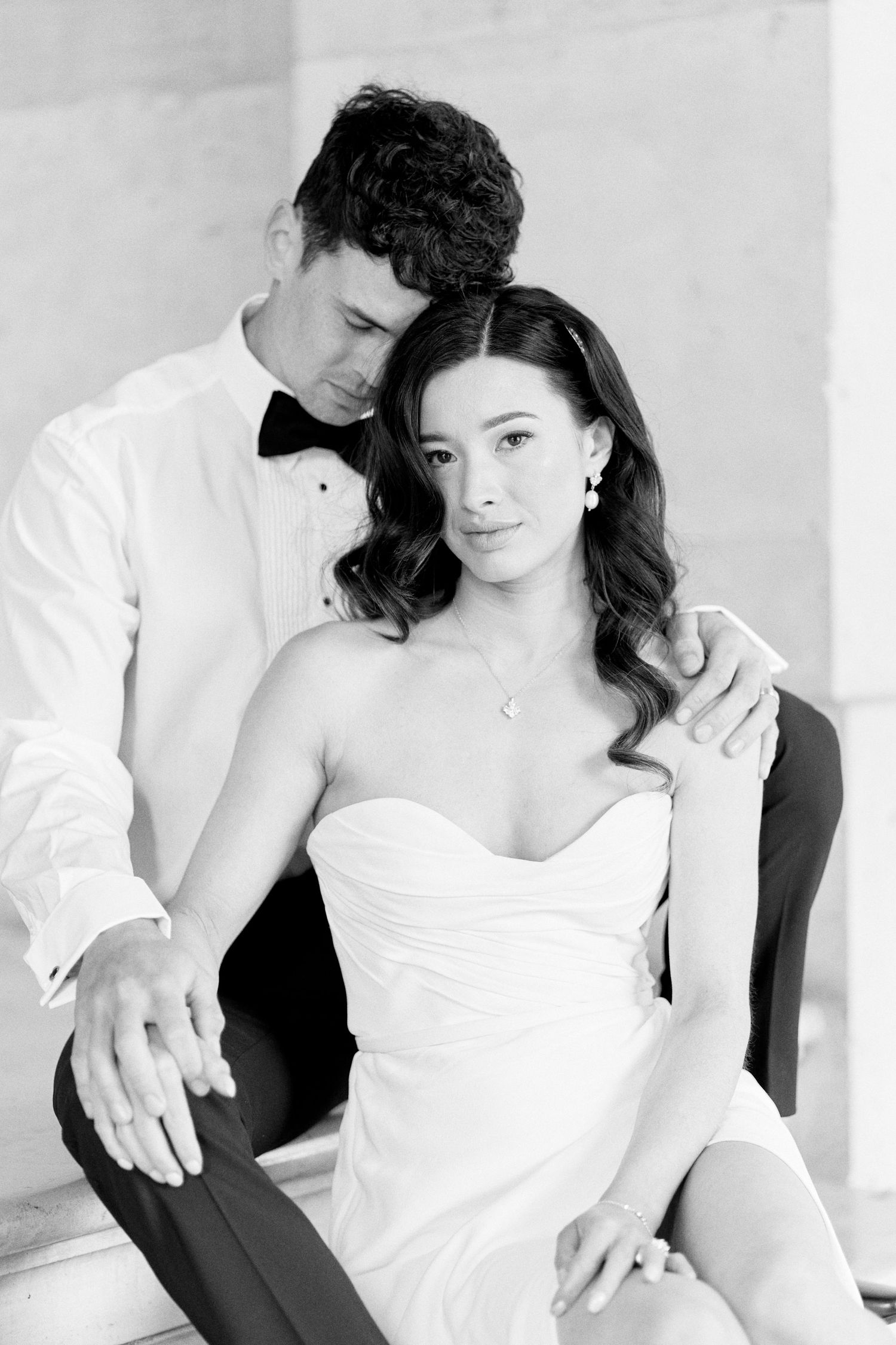 black and white bride & groom portrait at The Louvre, Paris by Norfolk's best wedding photographer Faye Amare