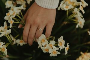 Hand wearing a solitaire engagement ring positioned over blooming white and yellow flowers.