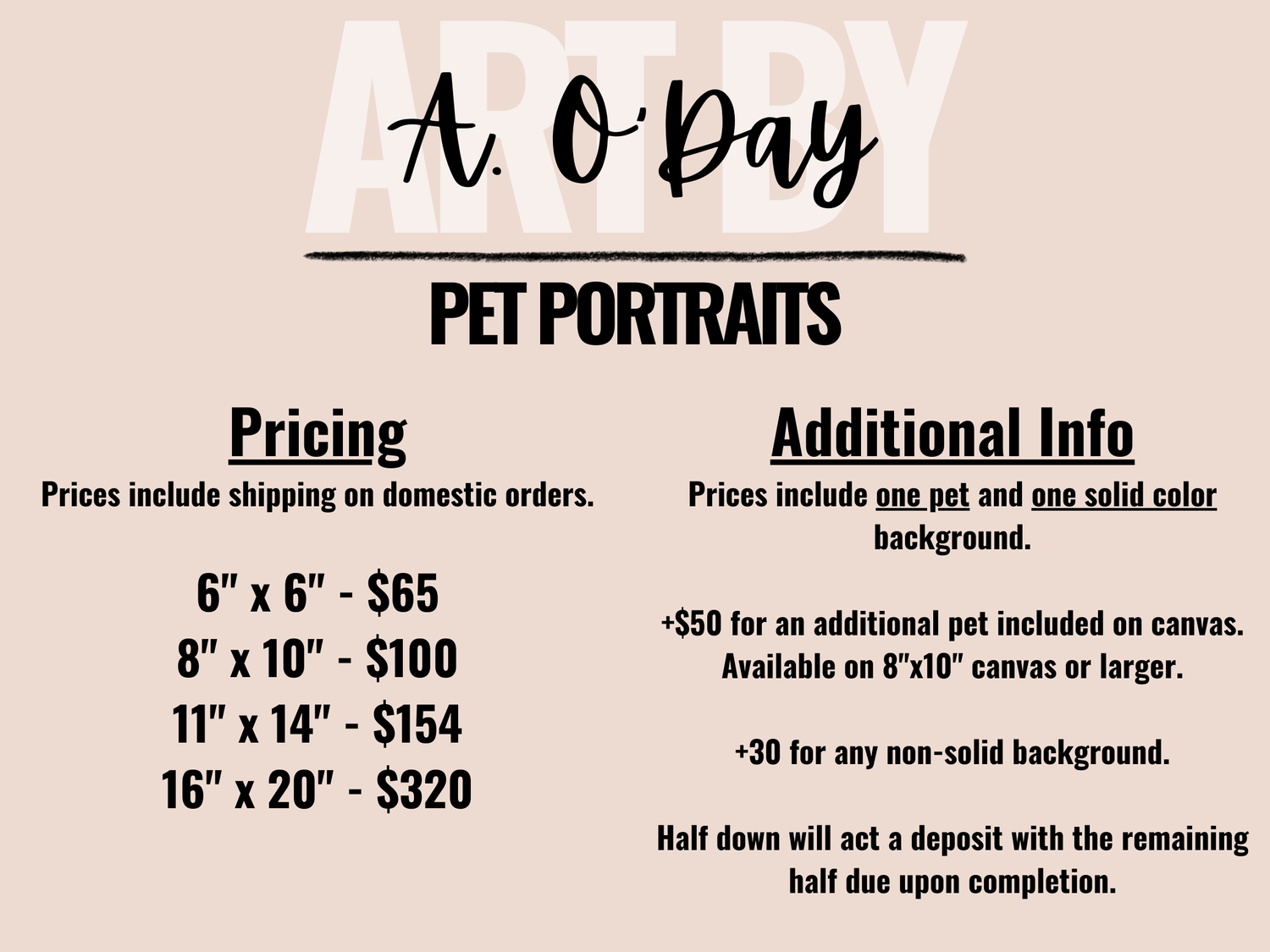 Pricing chart for pet portrait services showing different size options and costs.