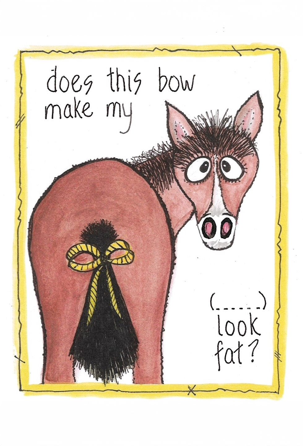 Comic strip showing a brown horse wearing a yellow bow and worrying about its appearance.