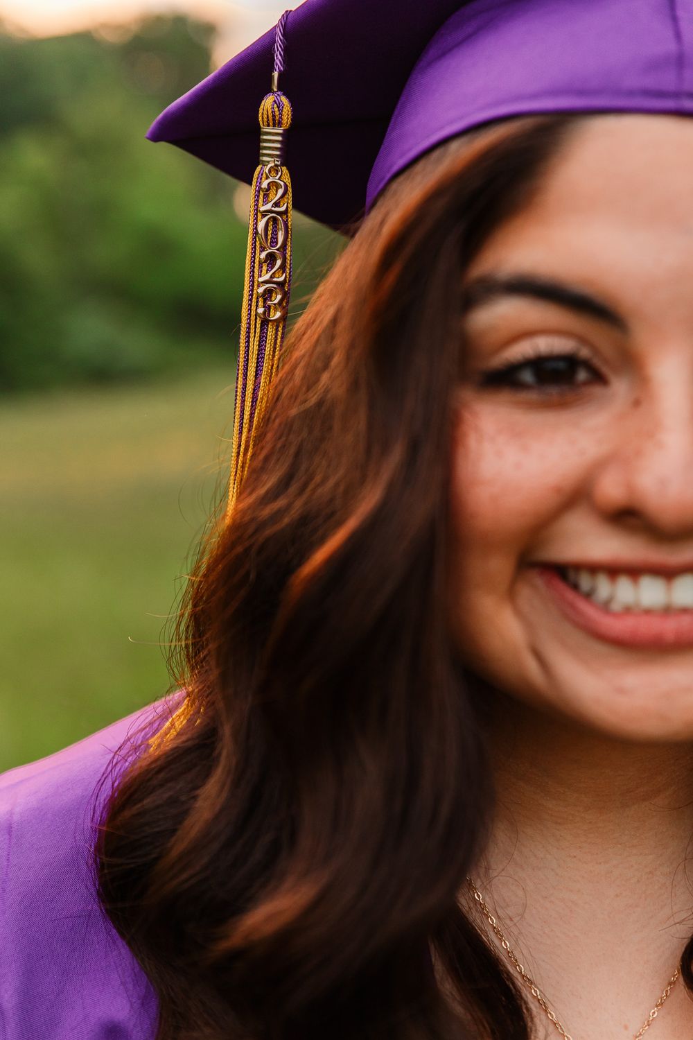 Close-up graduation photos showing purple cap with gold tassel against natural background.
