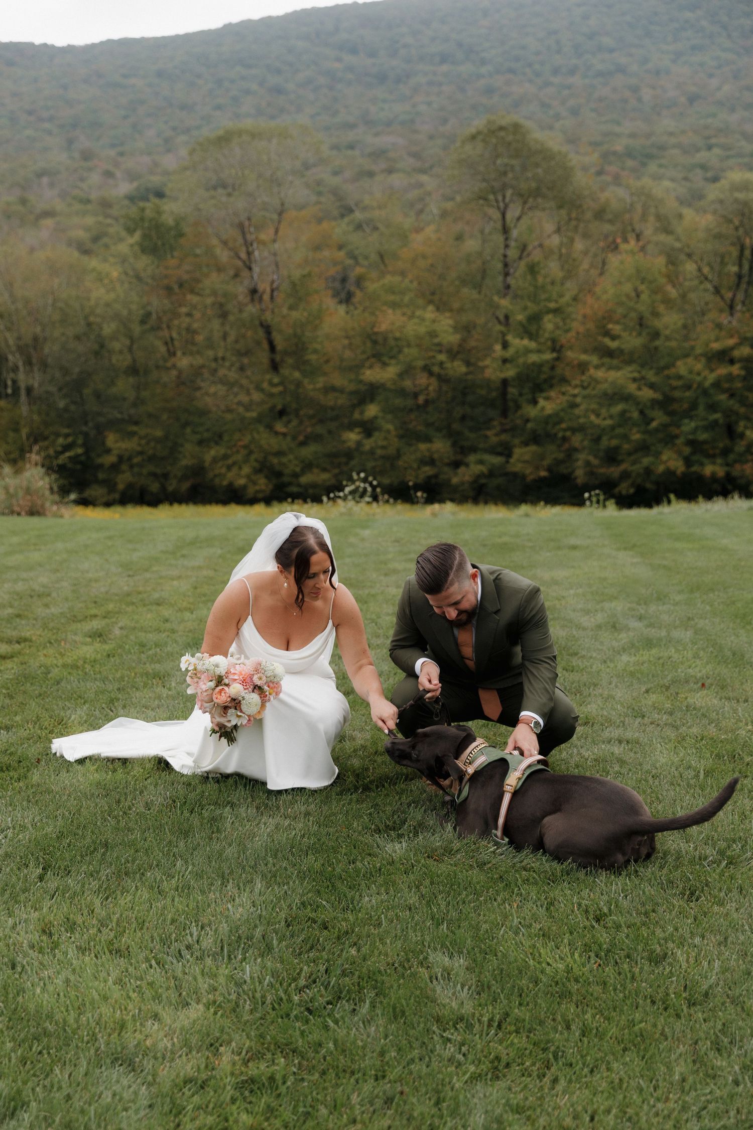 A couple in wedding attire playfully interacts with their black dog on a grassy hillside with mountains in the background in Massachusetts.