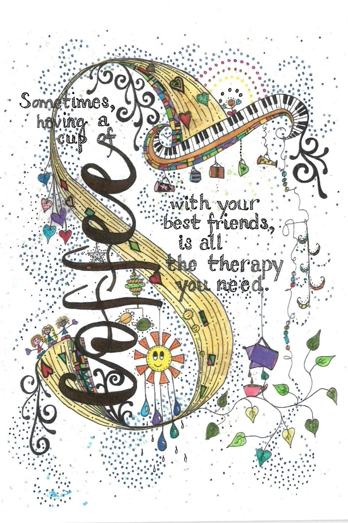 Artistic piano keyboard design with flowing musical notes and text about music therapy in delicate watercolor style.