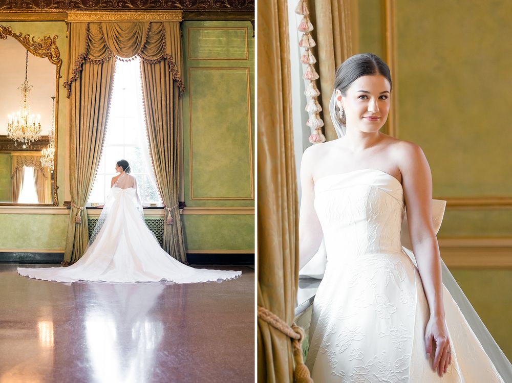 Bridal portraits in a golden-walled room with elegant curtains and chandeliers.