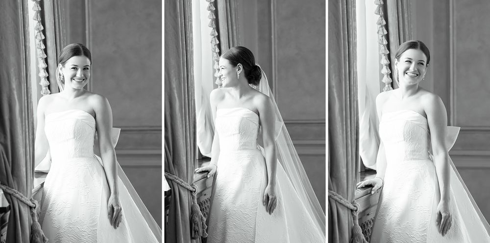 Series of classic black and white bridal portraits against architectural details.