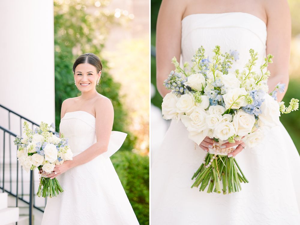Bridal portrait collage featuring white and blue floral bouquet with strapless wedding dress.