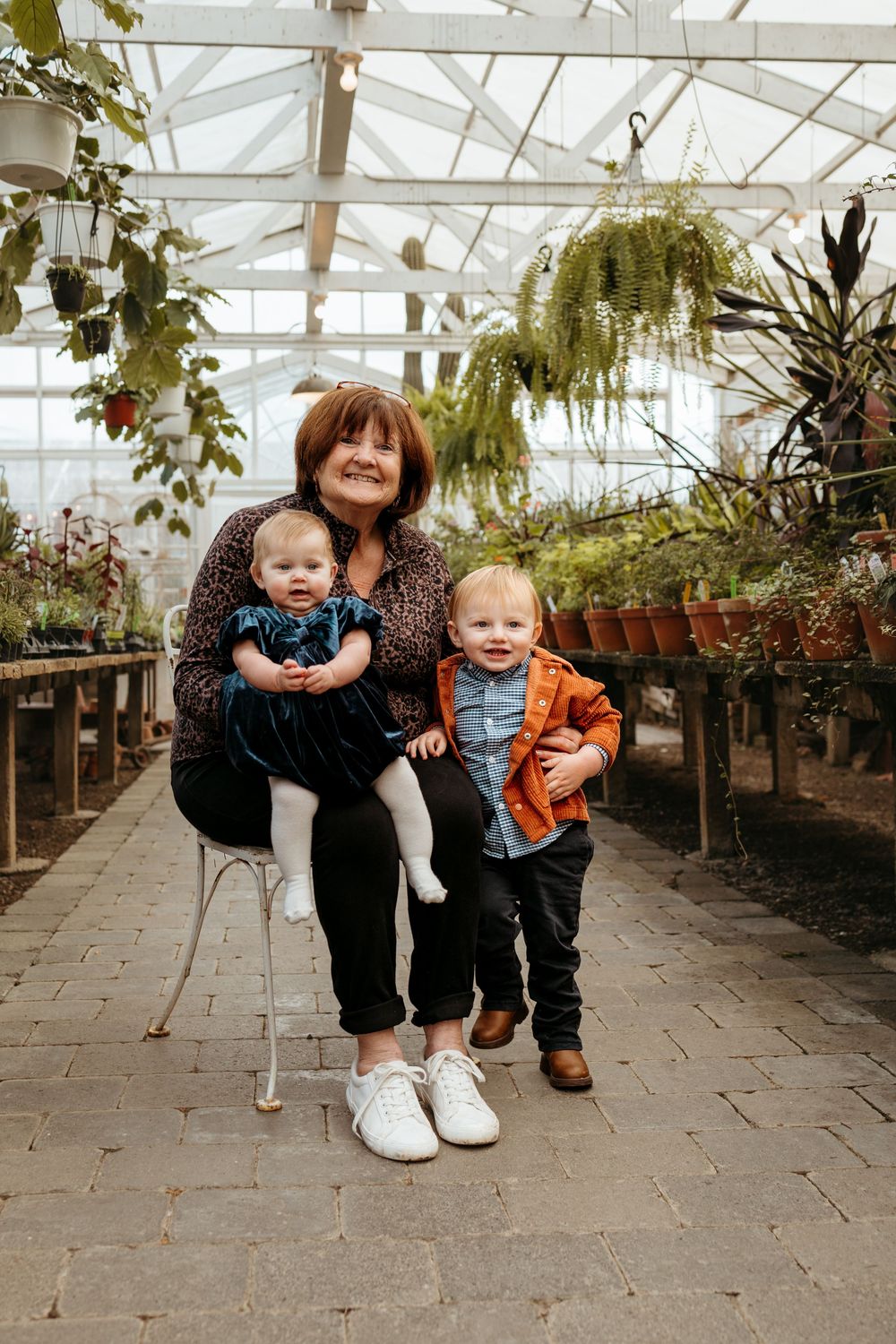 A series of candid moments captured in a greenhouse setting with joyful interactions and natural lighting.
