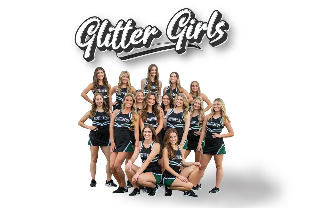Team photo of dance or cheer squad in matching black uniforms with Glitter Girls text overlay.