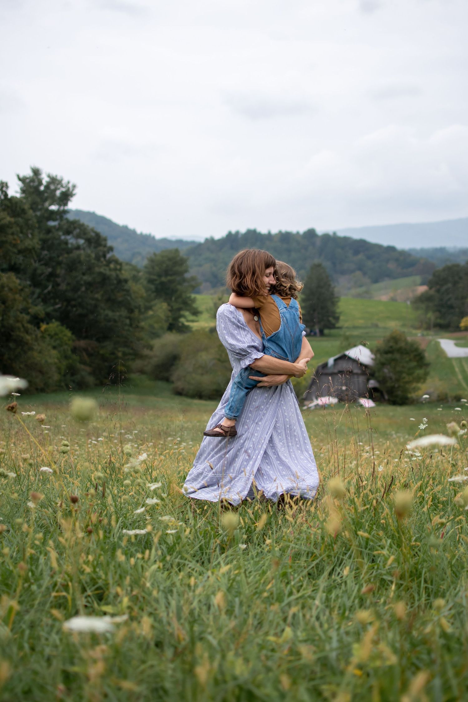 A figure in a flowing lavender dress stands in a wildflower meadow with mountains and a rustic cabin in the distance.