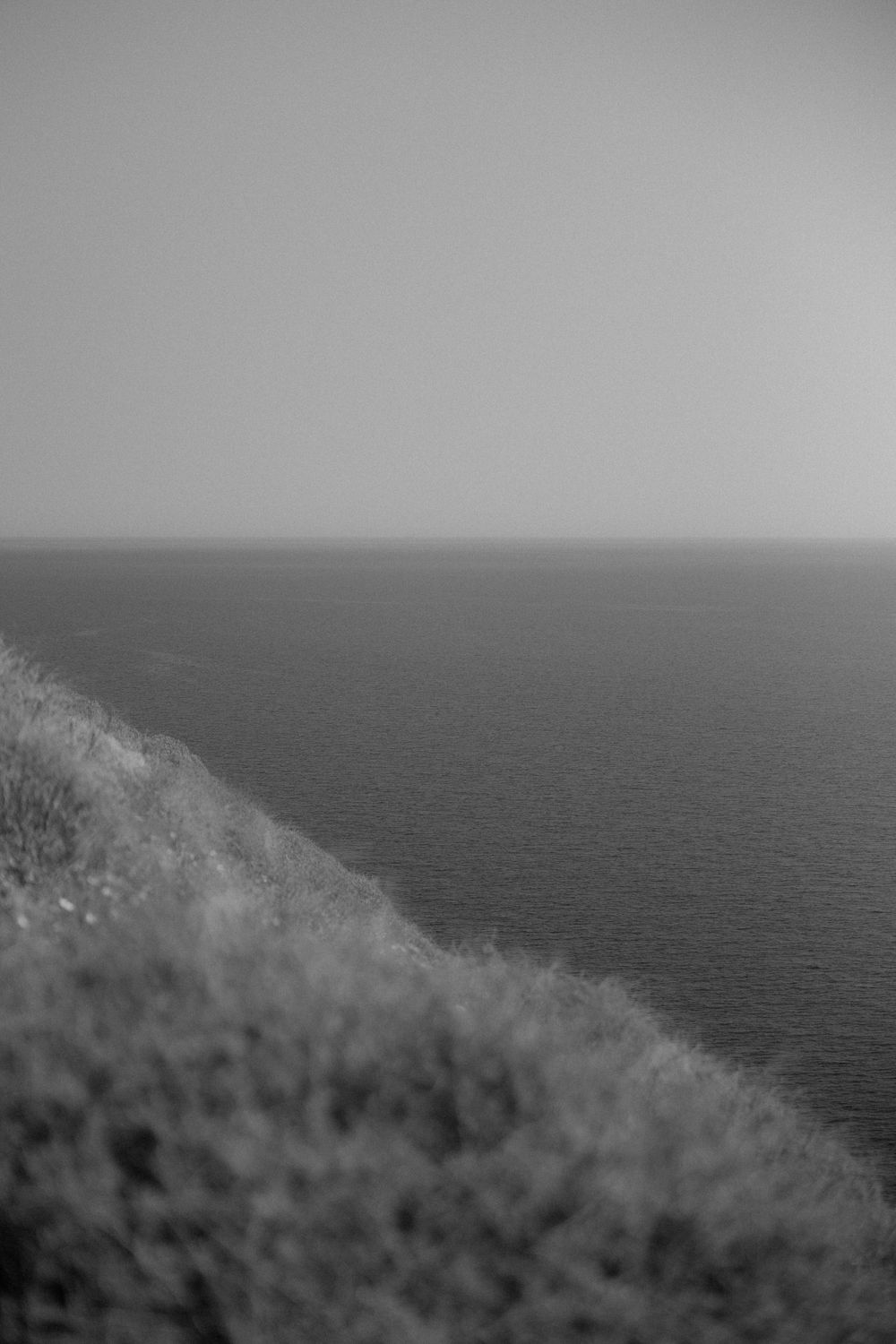 Moody black and white coastal landscape with grassy slope and ocean horizon.