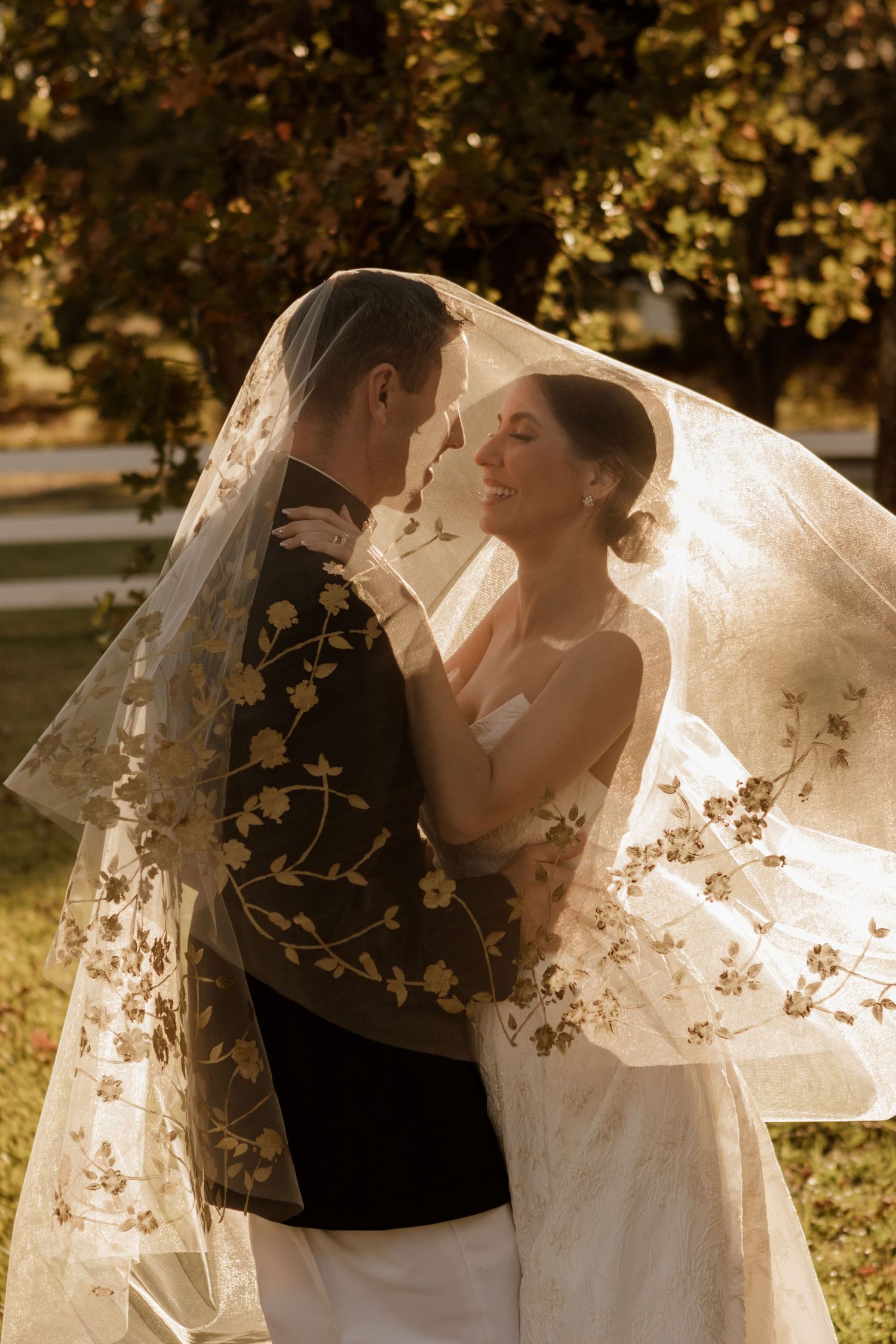 Romantic wedding portrait showing couple embracing under flowing veil in golden sunlight.