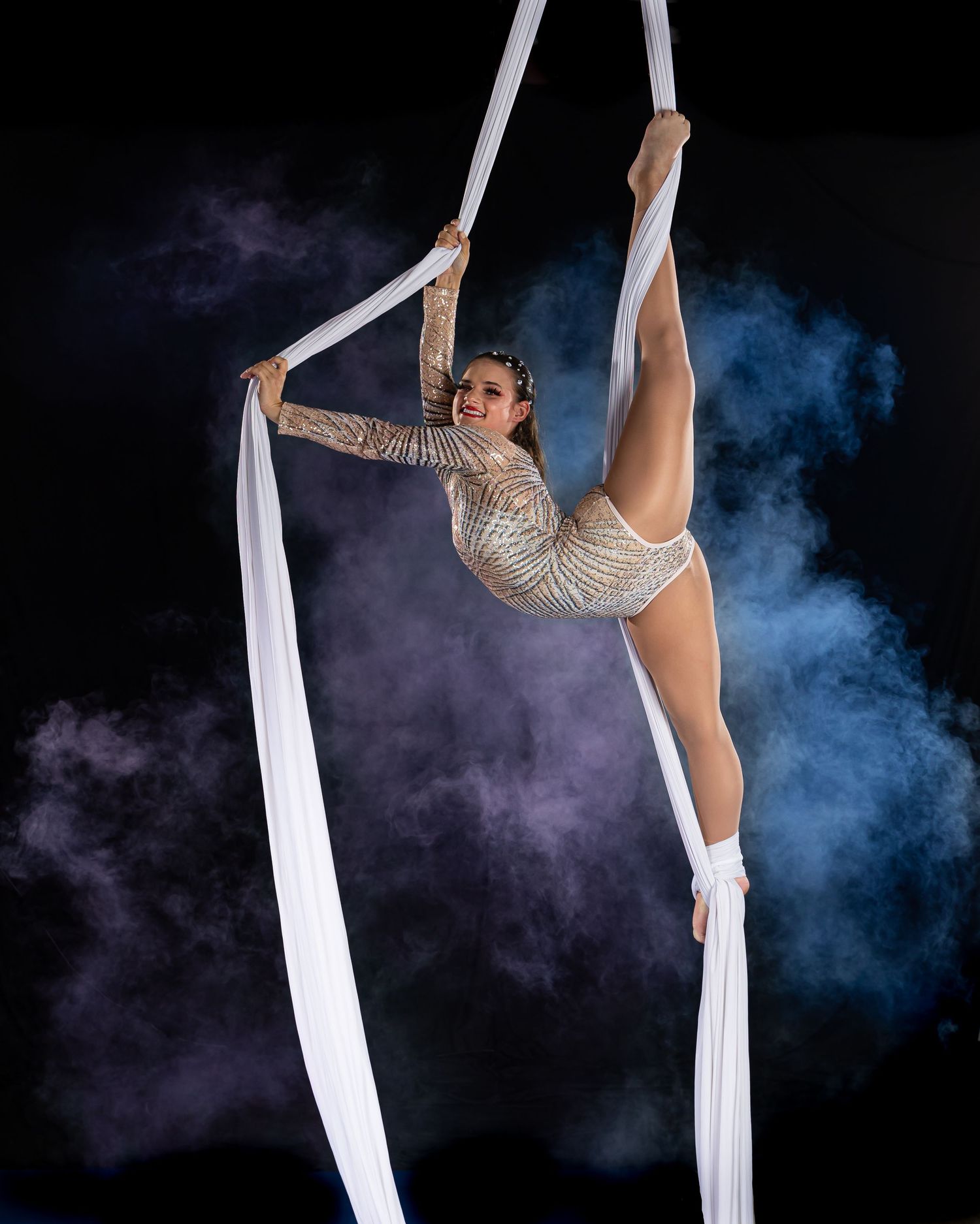 Acrobatic performer in sparkly costume gracefully poses on aerial silks against dramatic blue and purple smoke background.