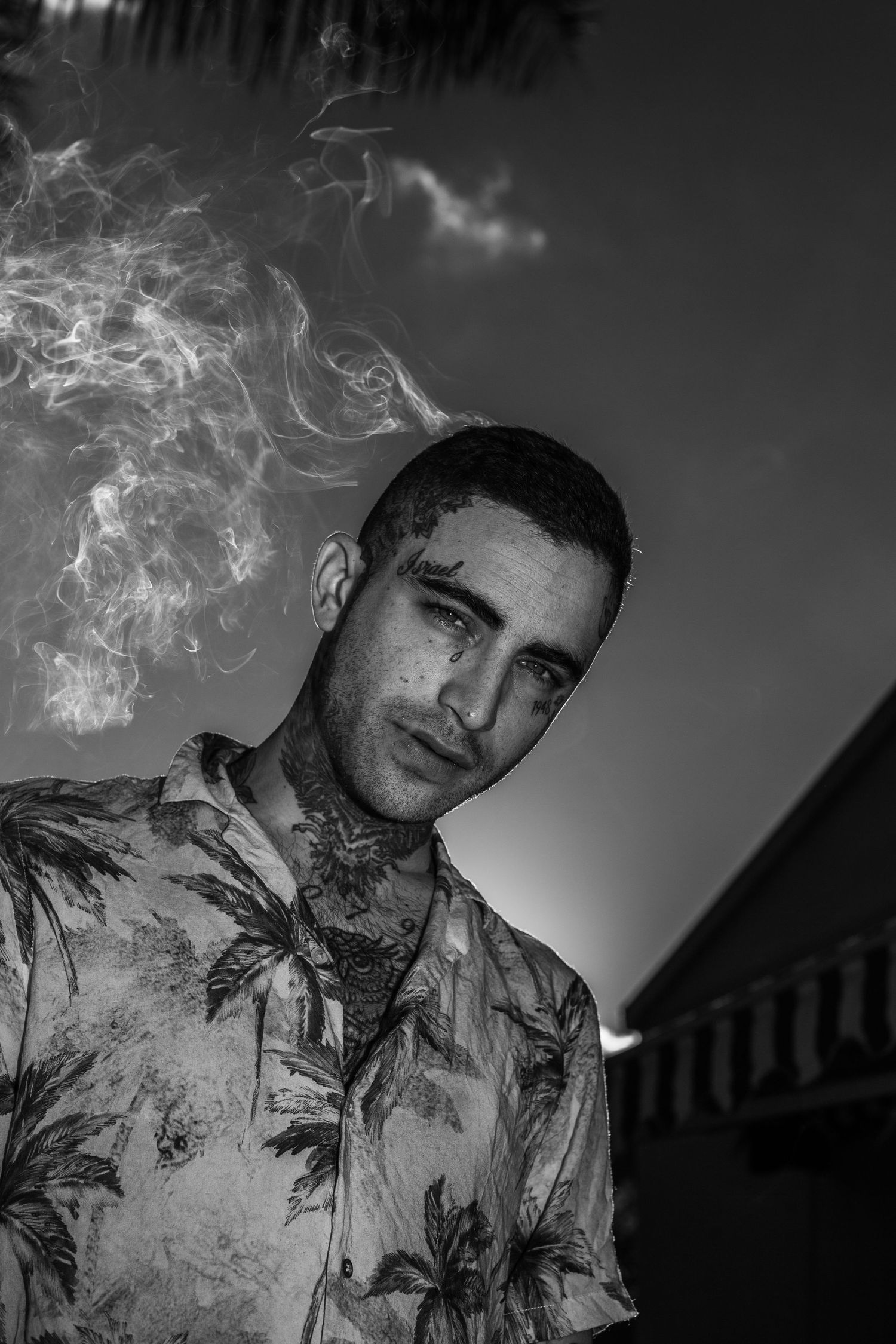 Black and white artistic portrait series showing figure surrounded by swirling smoke effects against dark background.