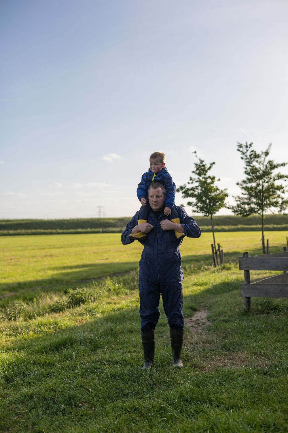 Family enjoying quality time on dairy farm with person carrying child on shoulders in green pasture at sunset.