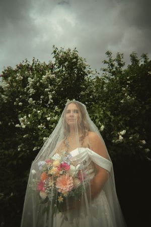 Ethereal bridal portrait through a veil against lush greenery and moody sky.