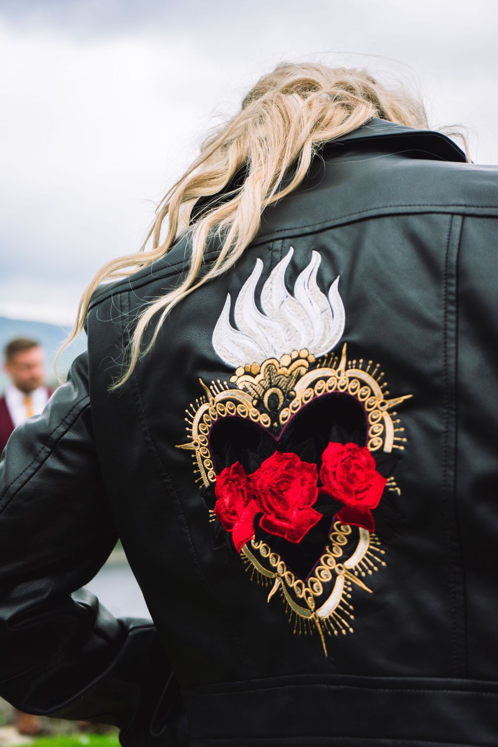 Embroidered leather jacket for wedding, alternative bride, rock n roll wedding, gothic wedding, Lake District wedding, punk outfit bride,