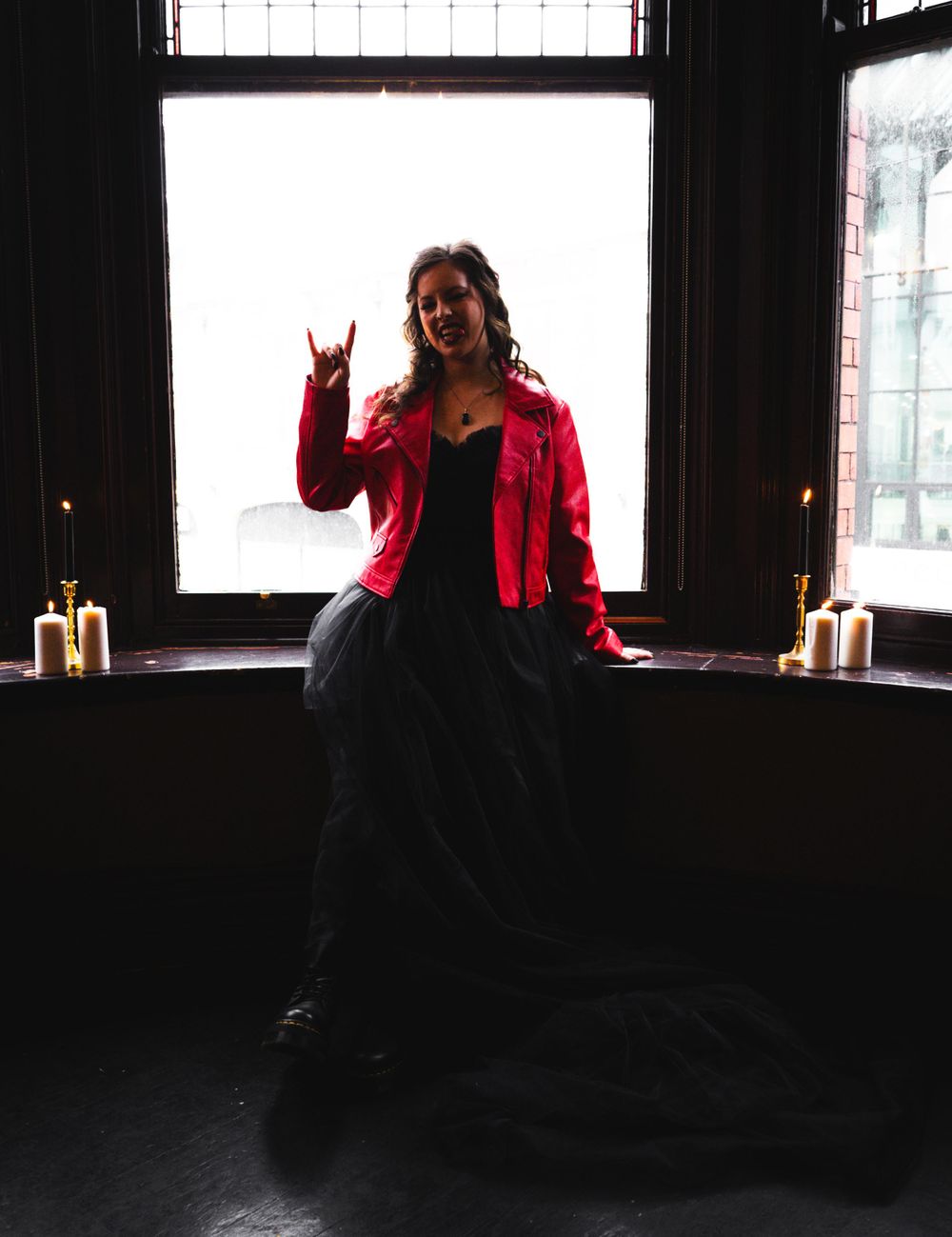 LGBTQ+ wedding, Lesbian wedding, alternative, Pub wedding, Doc Marten wedding, Leather jacket, Black wedding dress, red suit, Gothic,