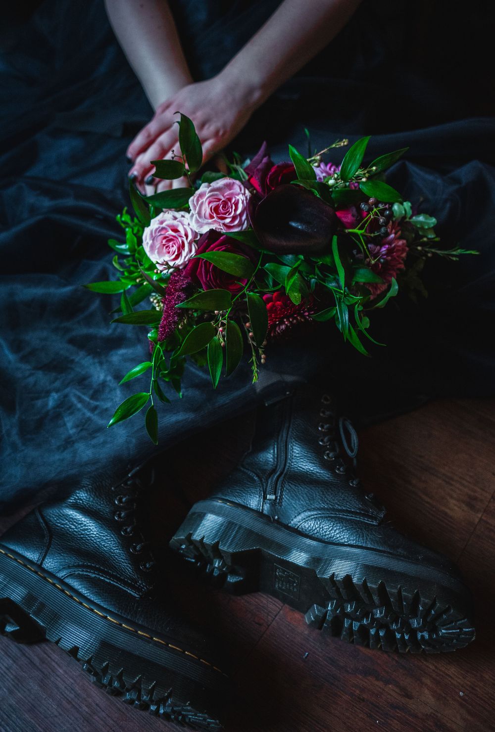 LGBTQ+ wedding, Lesbian wedding, alternative, Pub wedding, Doc Martens wedding, Leather jacket, Black wedding dress, red suit, Gothic,