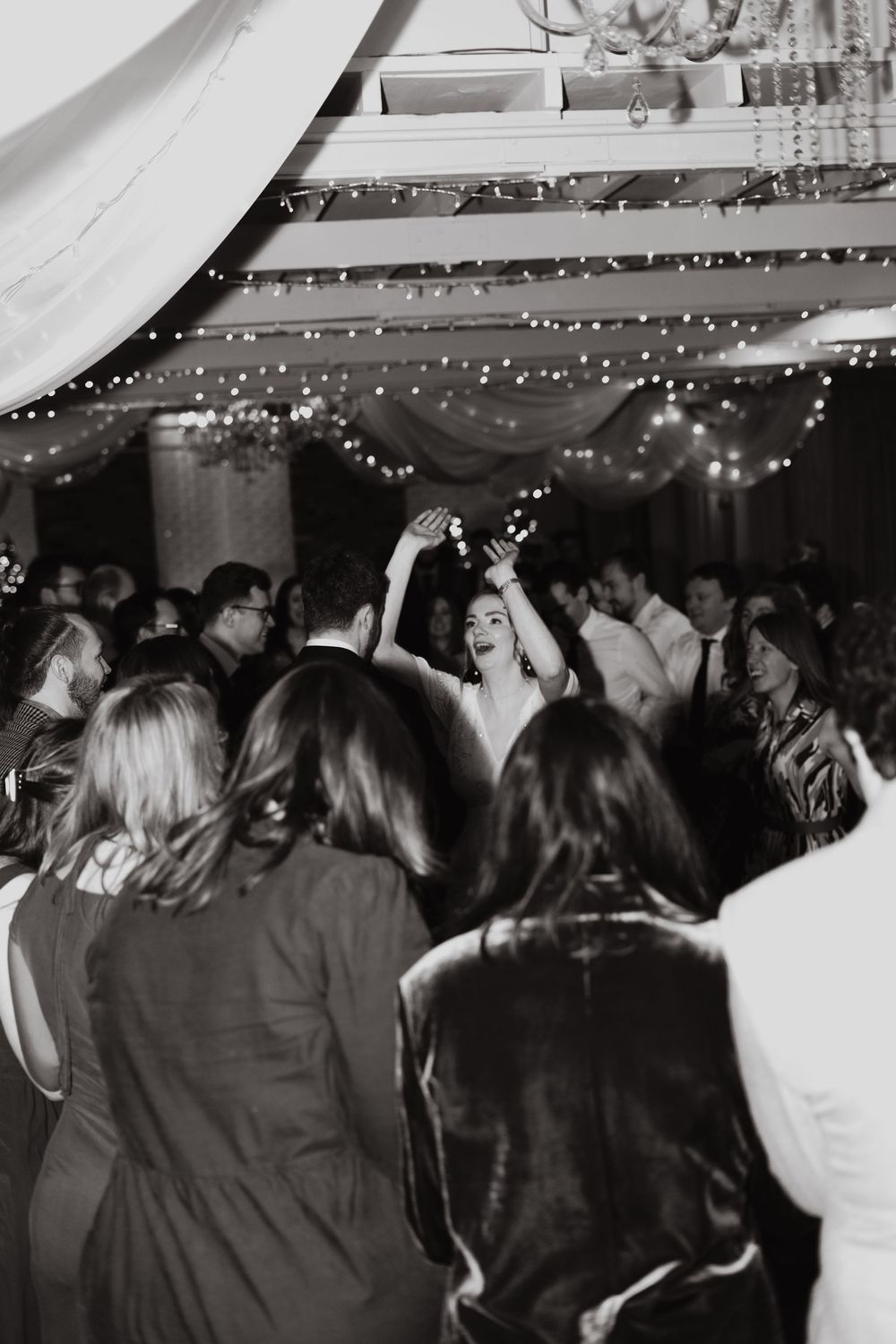 black and white wedding party, dance party, bride dancing, rock n roll, Bartle Hall, Lancashire, Preston