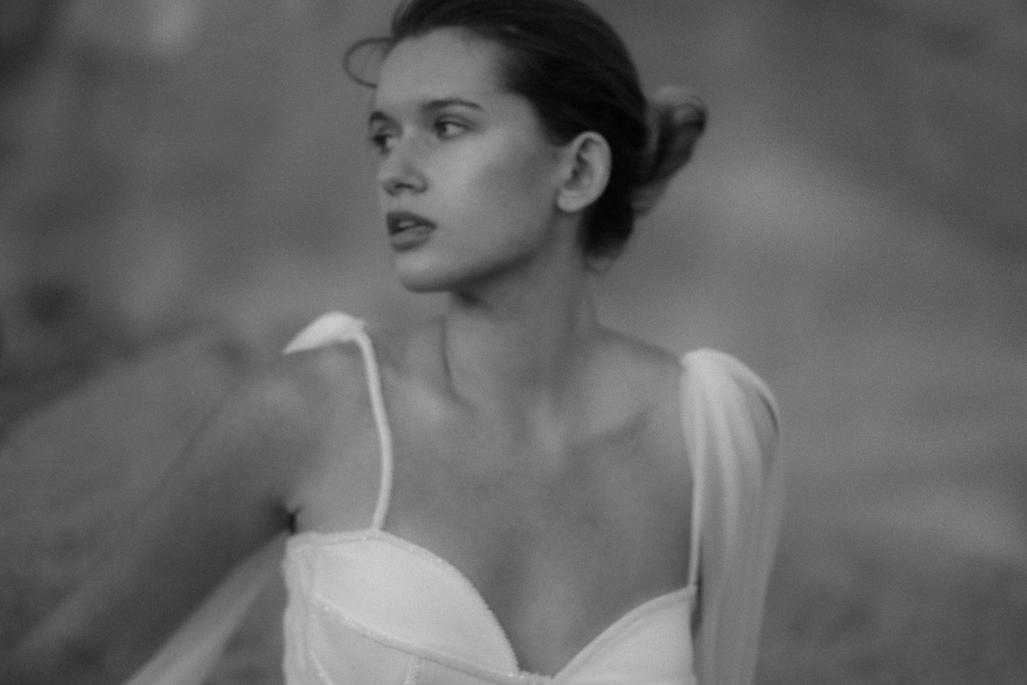 Classic black and white portrait of dancer in white corset bodice. Dress by Todi Bride. Tenerife Wedding Photographer