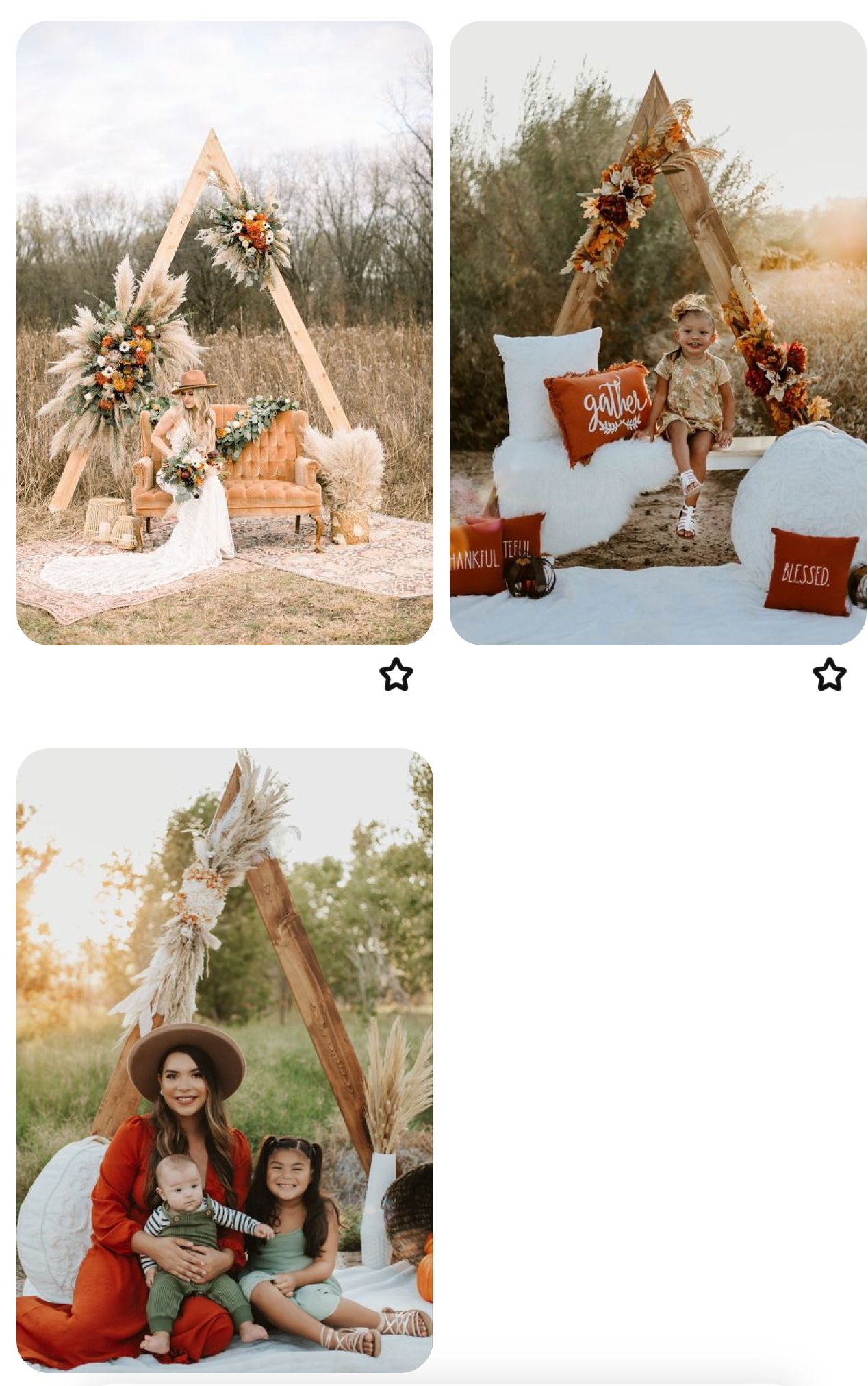 Boho wedding setup with triangular arch, floral arrangements and rustic seating in outdoor setting.