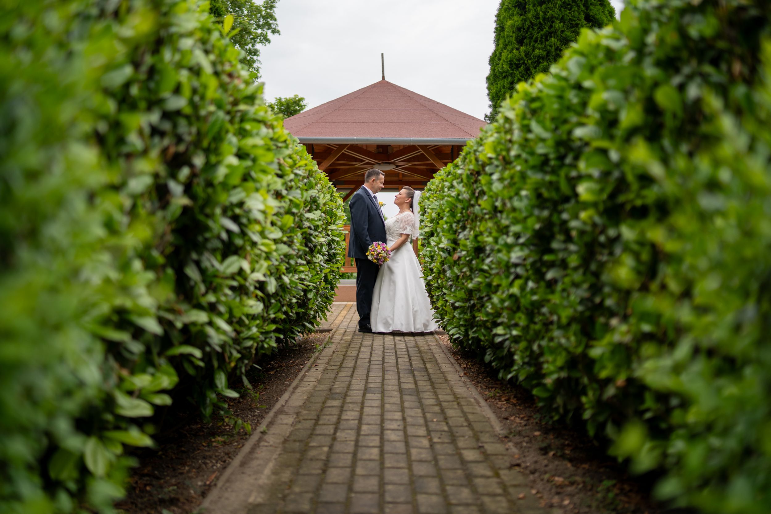 A couple stand together under a brown gazebo along a garden path lined with vibrant green hedges.