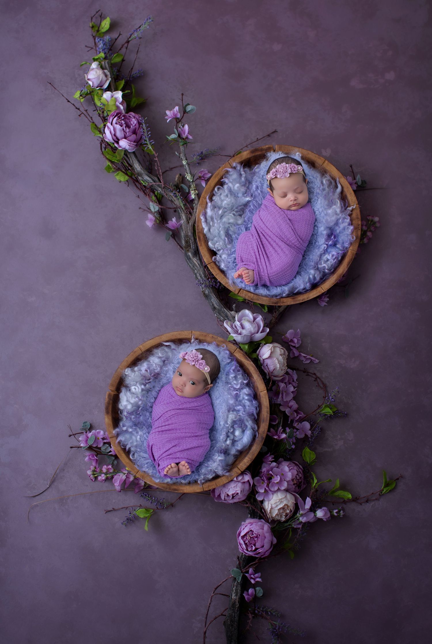 Artistic newborn portrait with purple wraps and floral arrangements in wooden bowls.