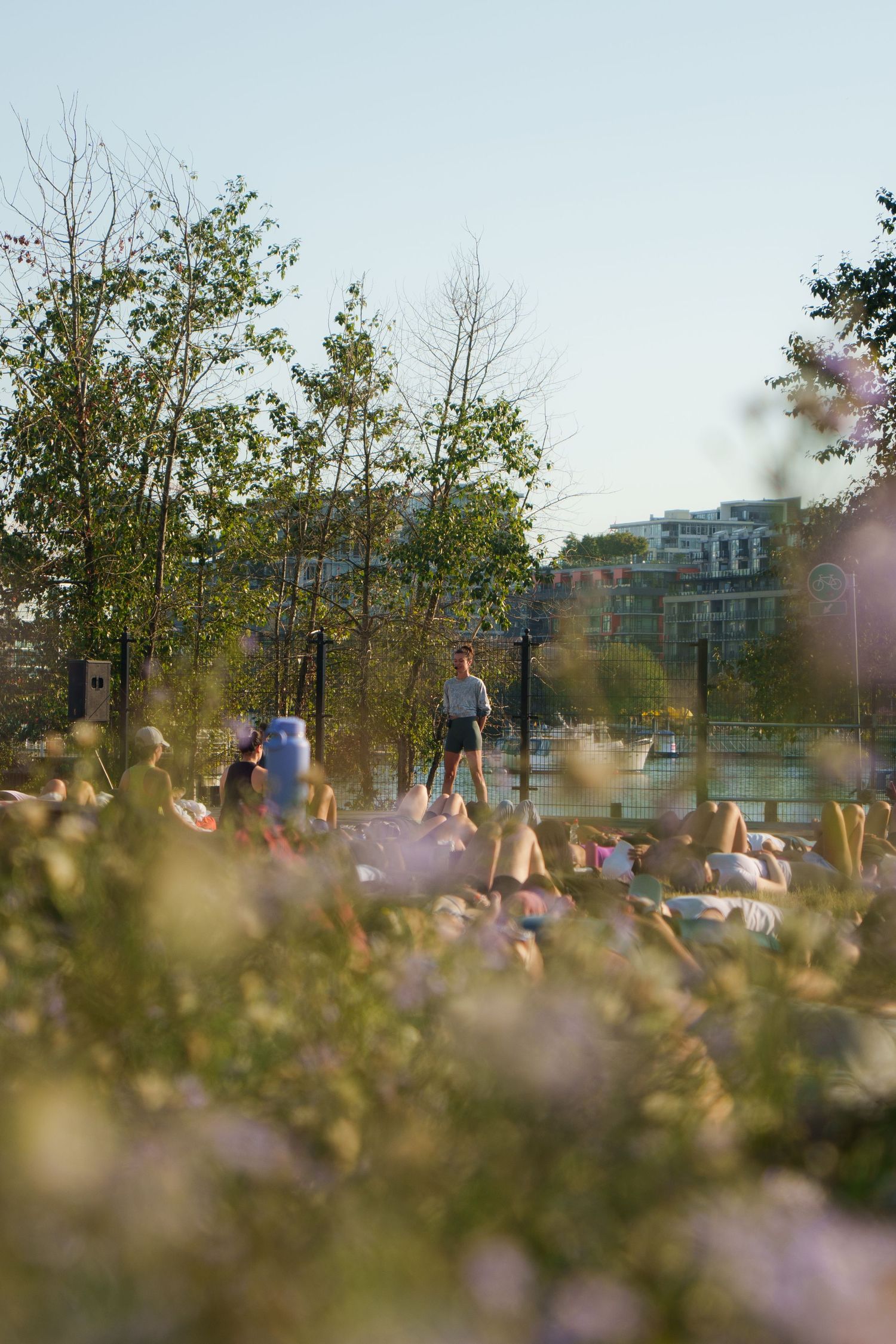 Outdoor fitness gathering viewed through soft focus flowers and foliage.