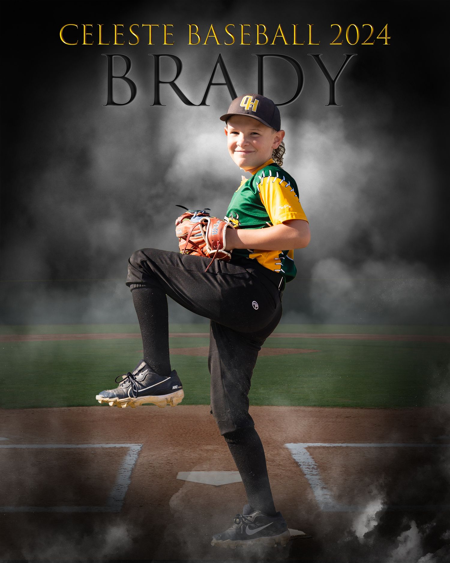 Youth baseball player in green and yellow uniform poses on pitcher's mound with dramatic lighting.