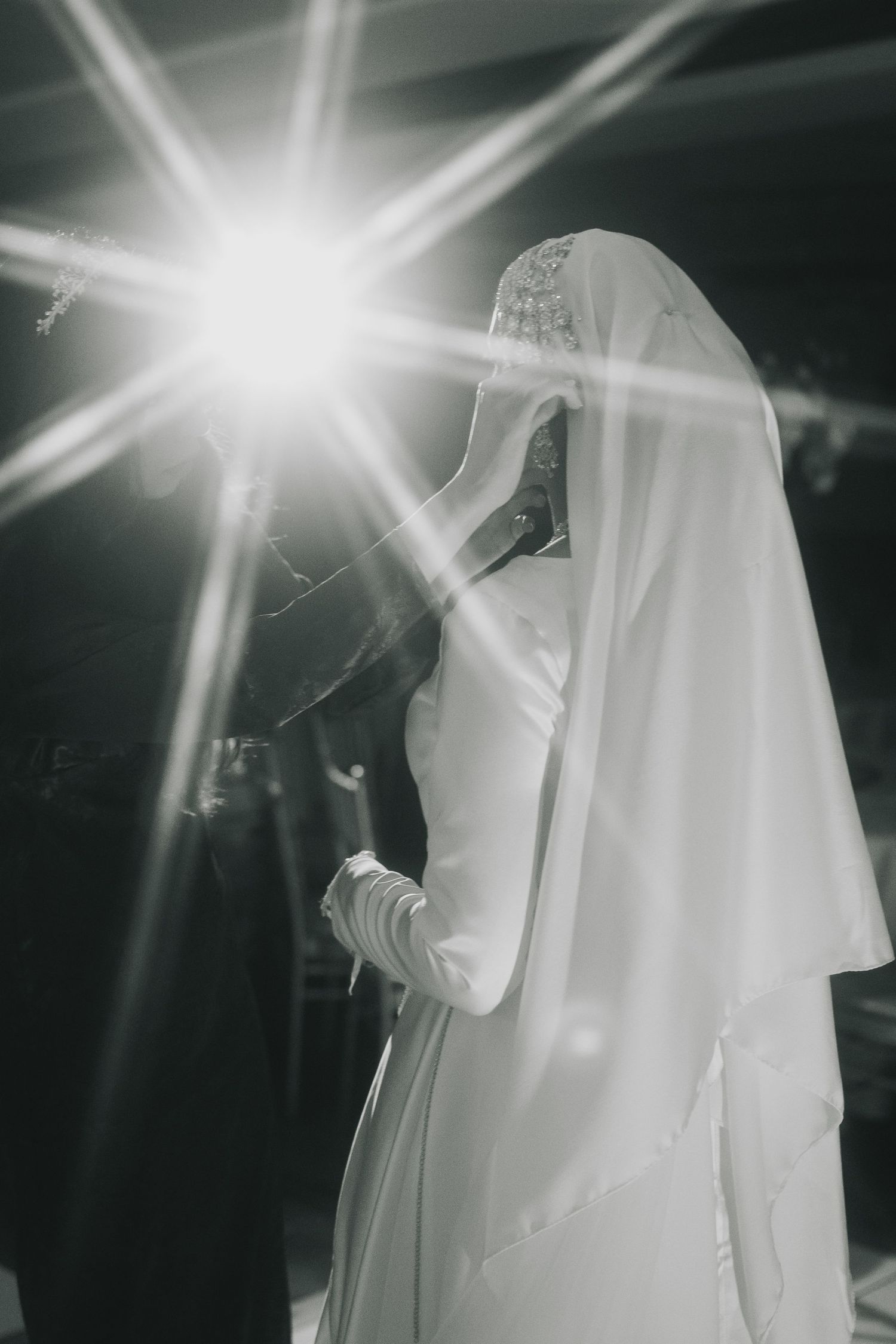 Dramatic backlit bridal portrait with sunburst effect through white veil.