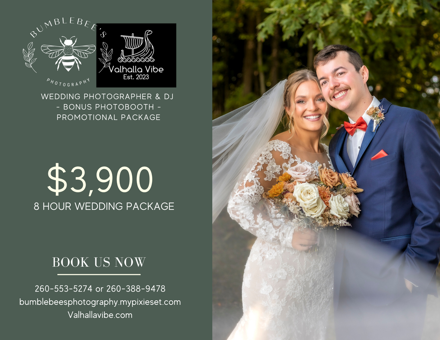 Wedding photography promotion showing a couple in formal attire with a $3,900 8-hour package offer and contact information.