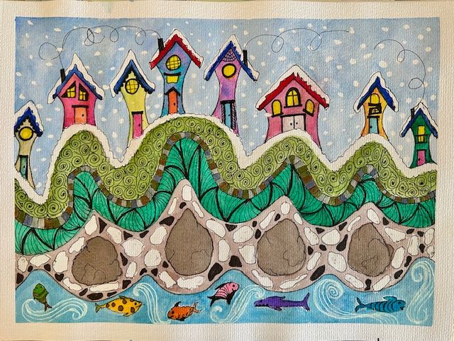 Colorful illustration of houses on rolling hills with trees and fish swimming below.