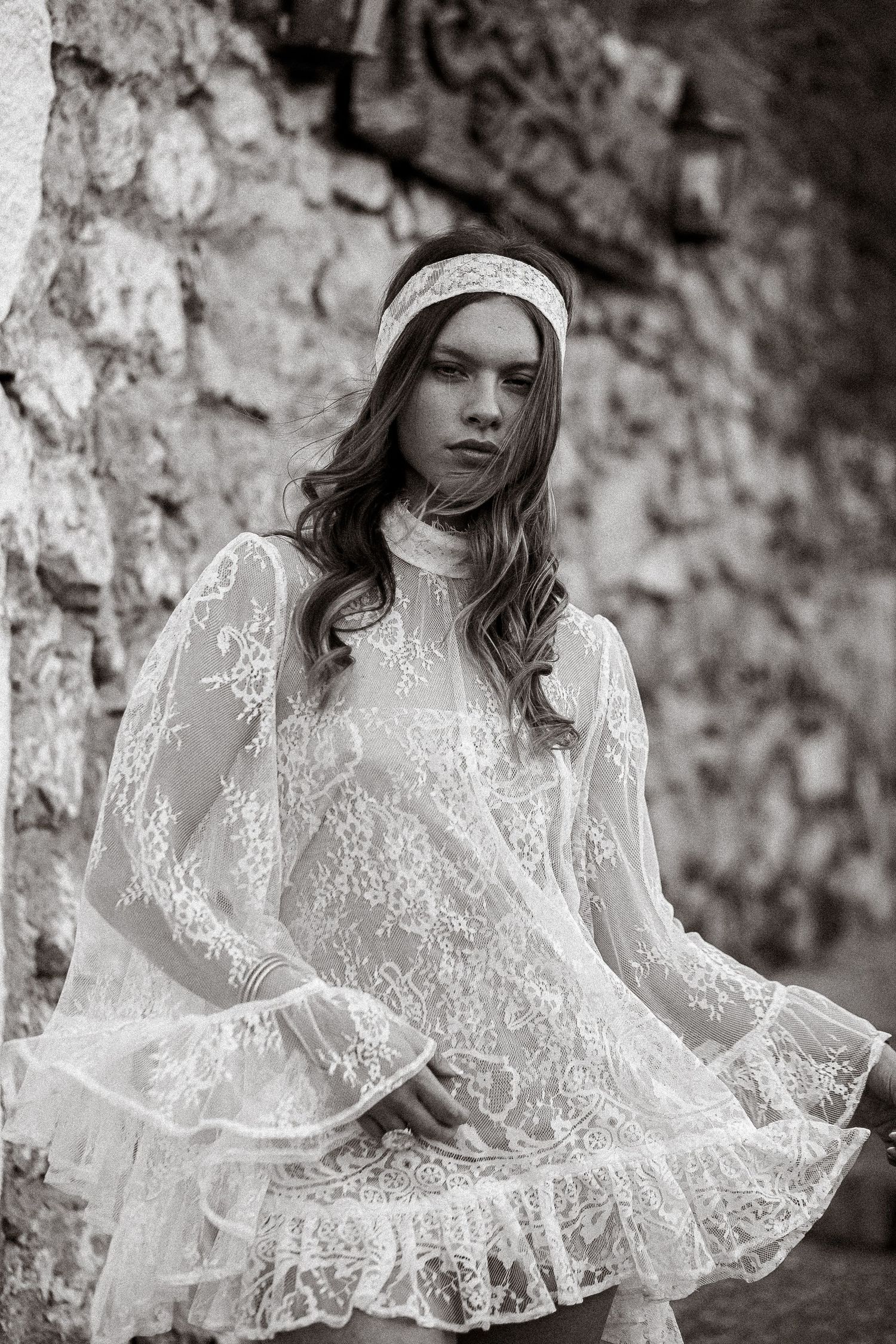 Dramatic black and white portraits featuring delicate white lace fashion.