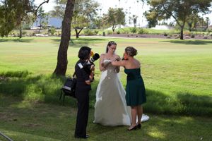 A wedding party gathers under a tree in a sunny park setting during a photography session.