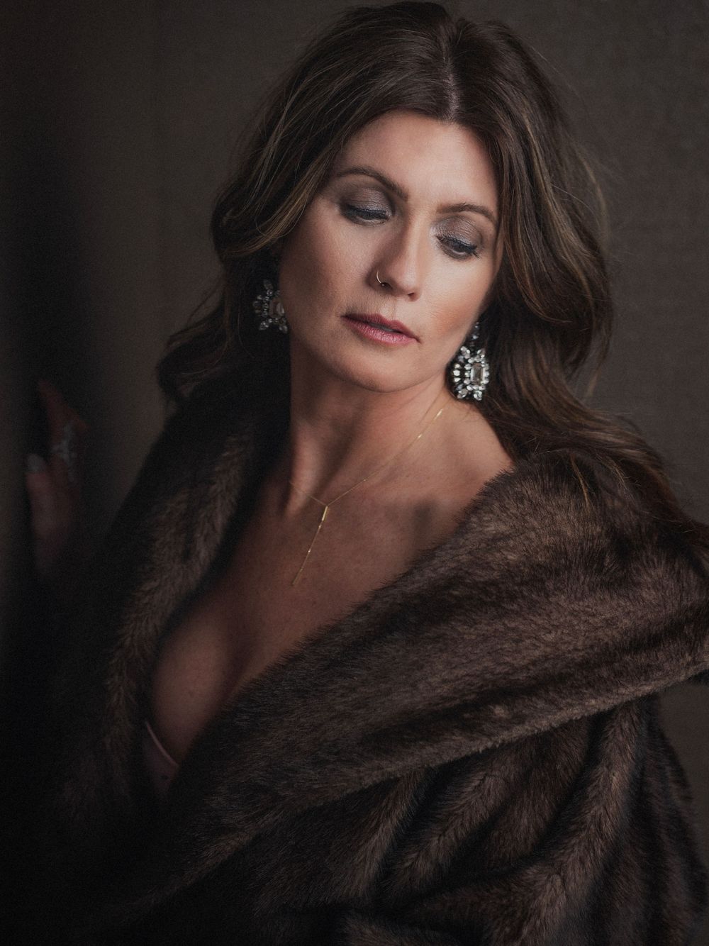 Female posing in boudoir session a fur coat for East Tennessee boudoir photographer located in East Tennesse