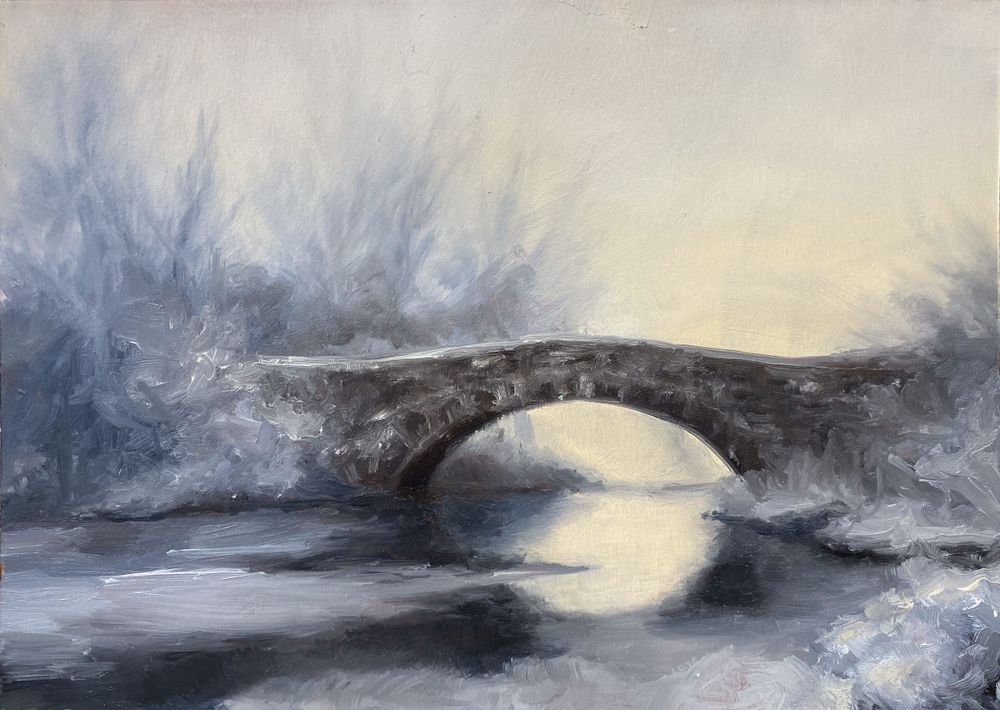 Oil painting of a stone bridge reflected in still winter waters with misty blue trees.