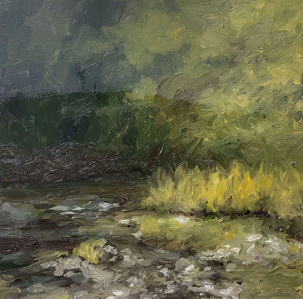 Oil painting of a moody riverside landscape with stormy green and yellow tones.