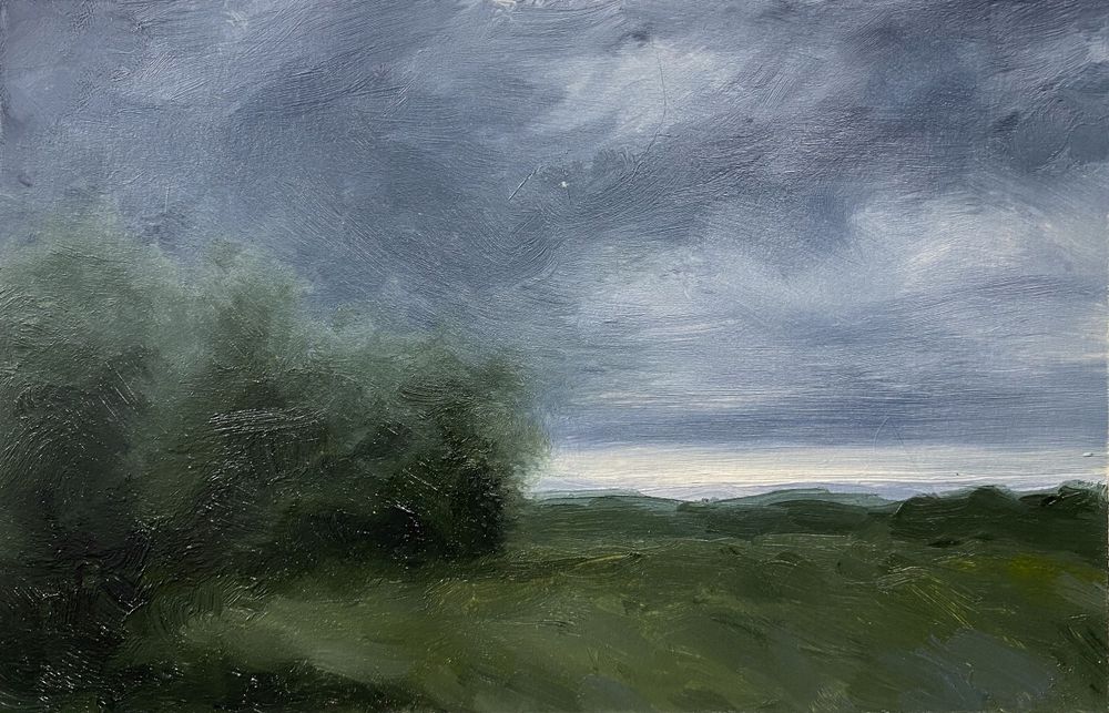 Moody landscape painting showing dark storm clouds gathering over green fields.