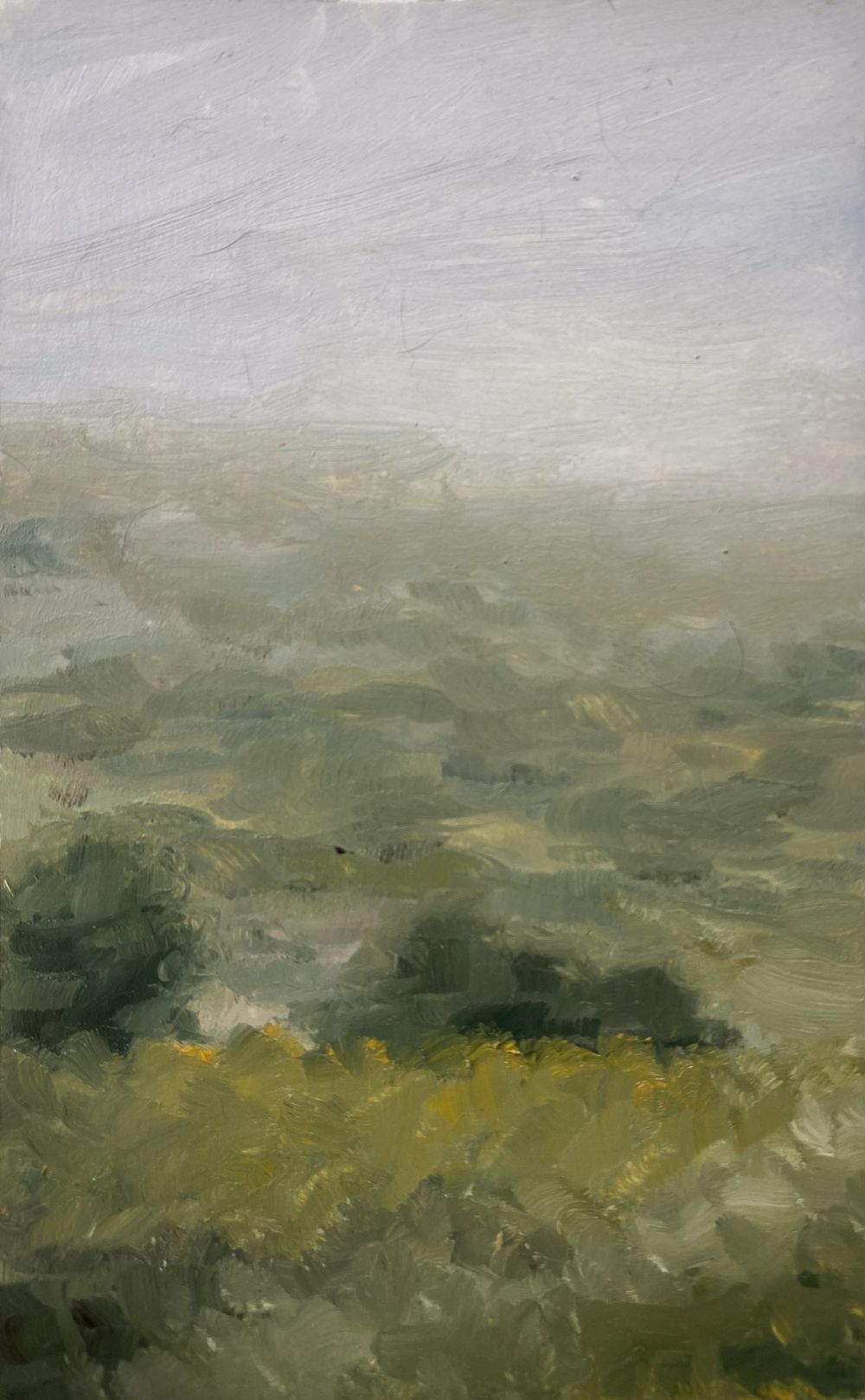 Impressionist landscape painting depicting rolling green hills under a misty gray sky.