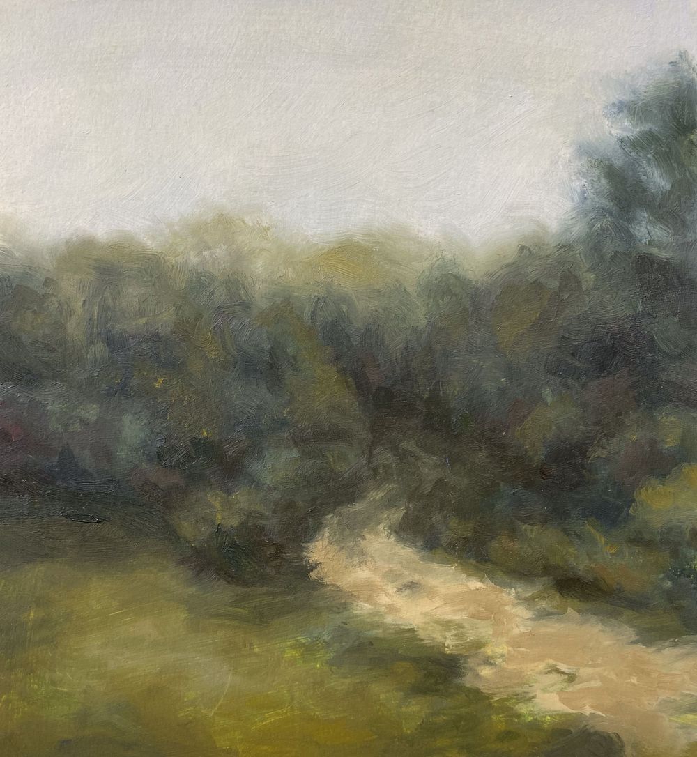 Atmospheric painting of a winding dirt path through dark wooded terrain.