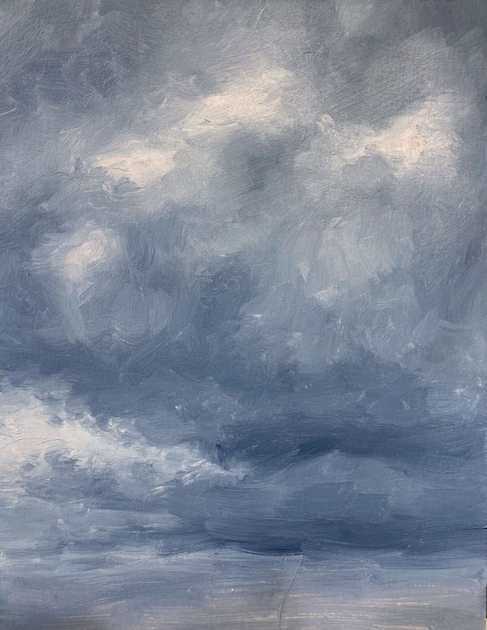 Dramatic stormy sky painting with swirling dark gray and white clouds in an impressionistic style.