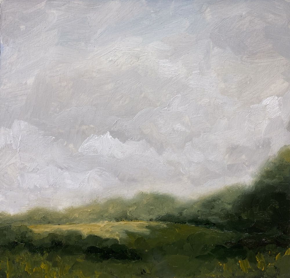 Moody landscape painting featuring rolling green hills beneath overcast skies in muted tones.