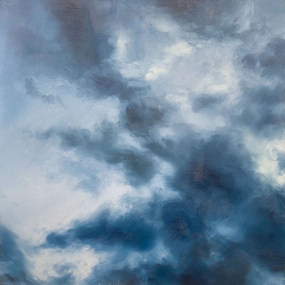Turbulent sky painting with deep blue storm clouds and white highlights in a square format.
