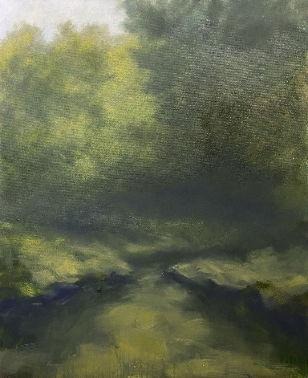 Atmospheric forest scene with soft green foliage and shadowy depths rendered in oil paint.