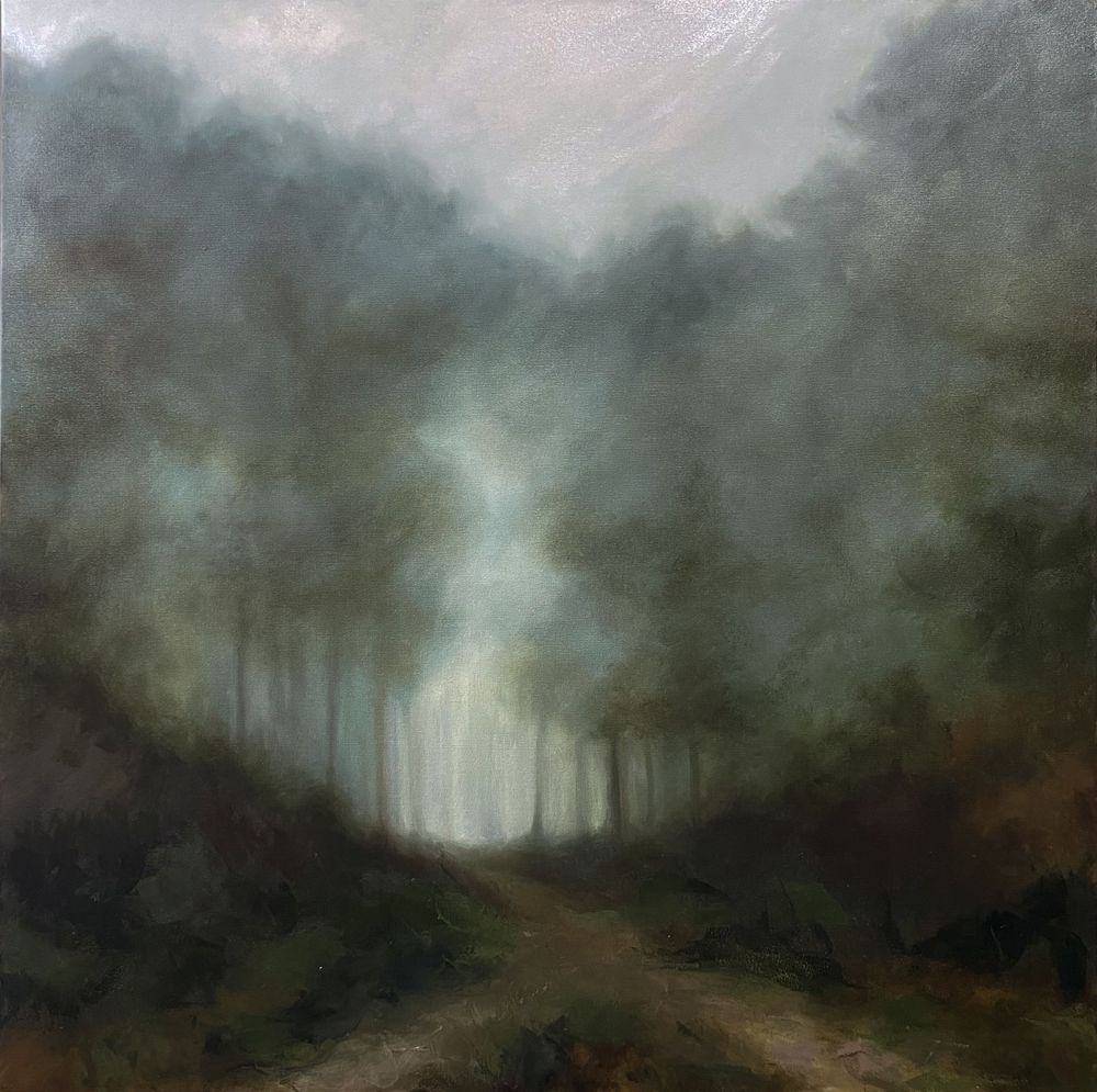 Misty forest path leading through dark trees with ethereal fog effects.