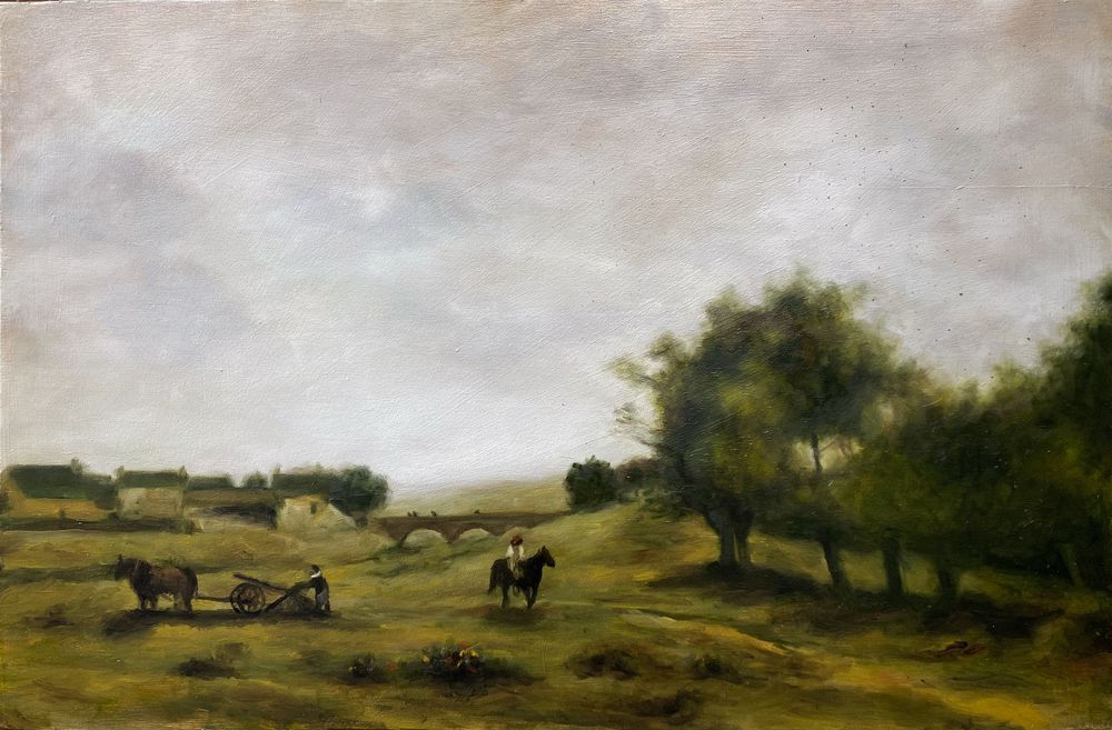 Pastoral countryside scene with grazing animals under cloudy skies in classical painting style.