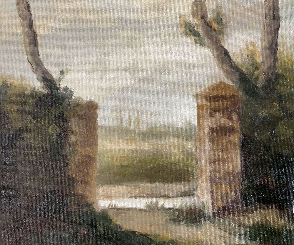 Stone pillars frame a distant lake view through trees in muted earth tones.