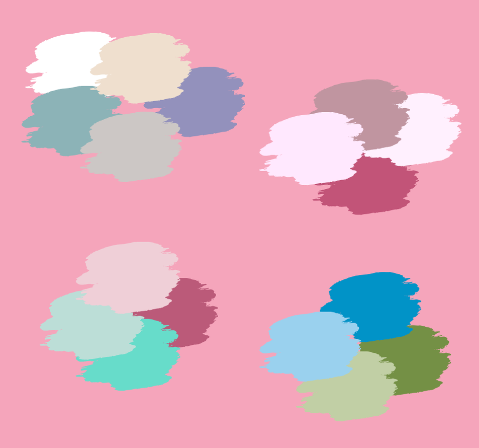 Four distinct clusters of soft pastel paint swatches in muted tones arranged on a coral background.
